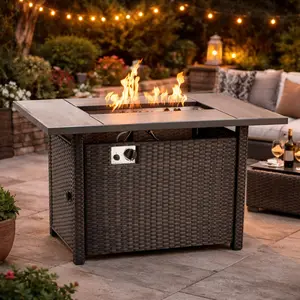Ovios 42'' Rectangle Propane Fire Pit Table, Brown Wicker Fire Table for Rimaru Series, Outdoor Gas Firepit with Tabletop, Patio Backyard Deck Conversation Heating Table