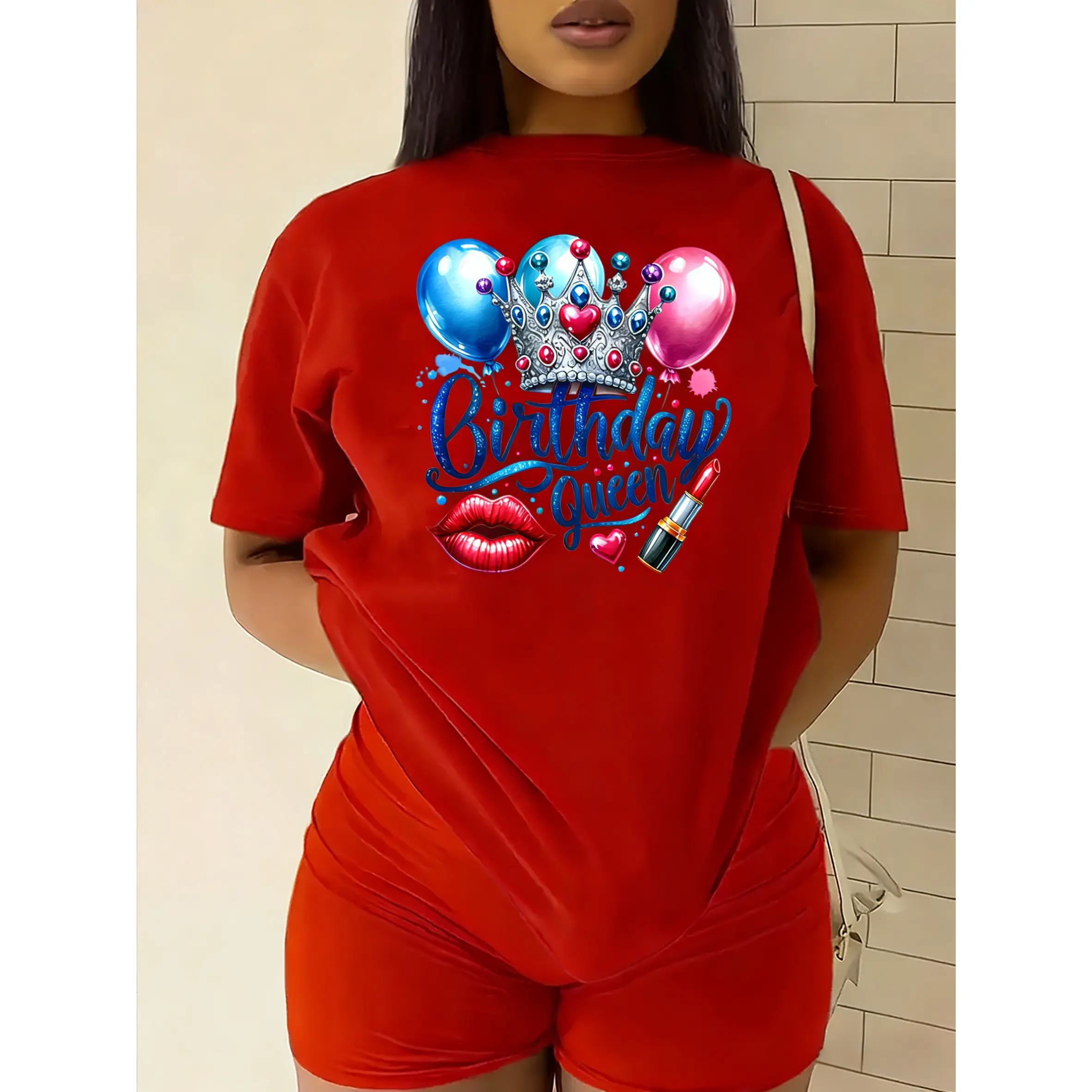 Women's 100% Pure Cotton Oversized Short Sleeve T-Shirt - Smooth Fabric, Birthday Queen Balloon Lipstick Printed Graphic, Comfortable, Multi-Color, Round Neck, Spring Summer Casual Top