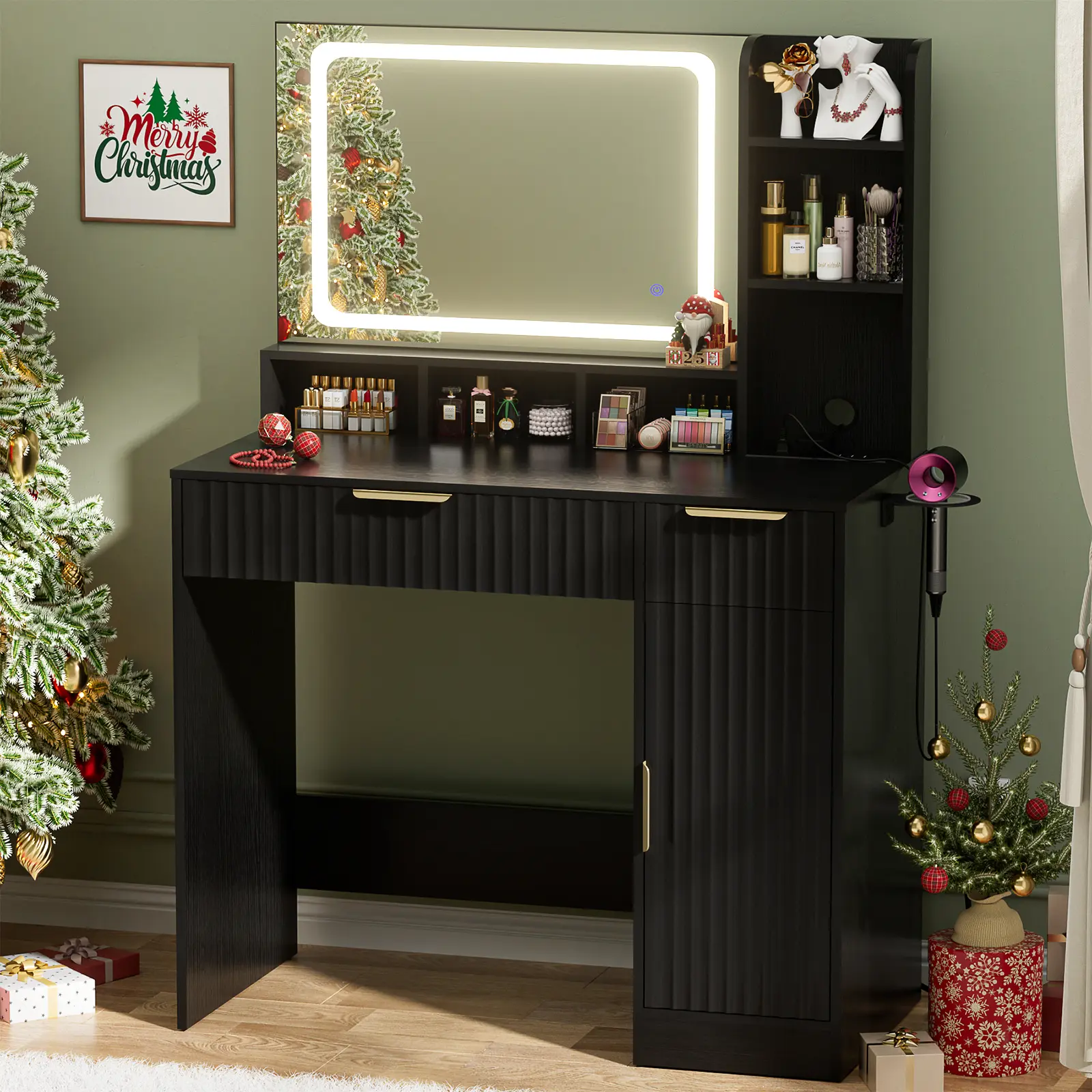 Luxurious Vanity Desk with LED Mirror and Lights, Makeup Table with Power Strip, 6 Shelves, 2 Drawers and Storage Cabinet, Fluted Panel Design for Bedroom
