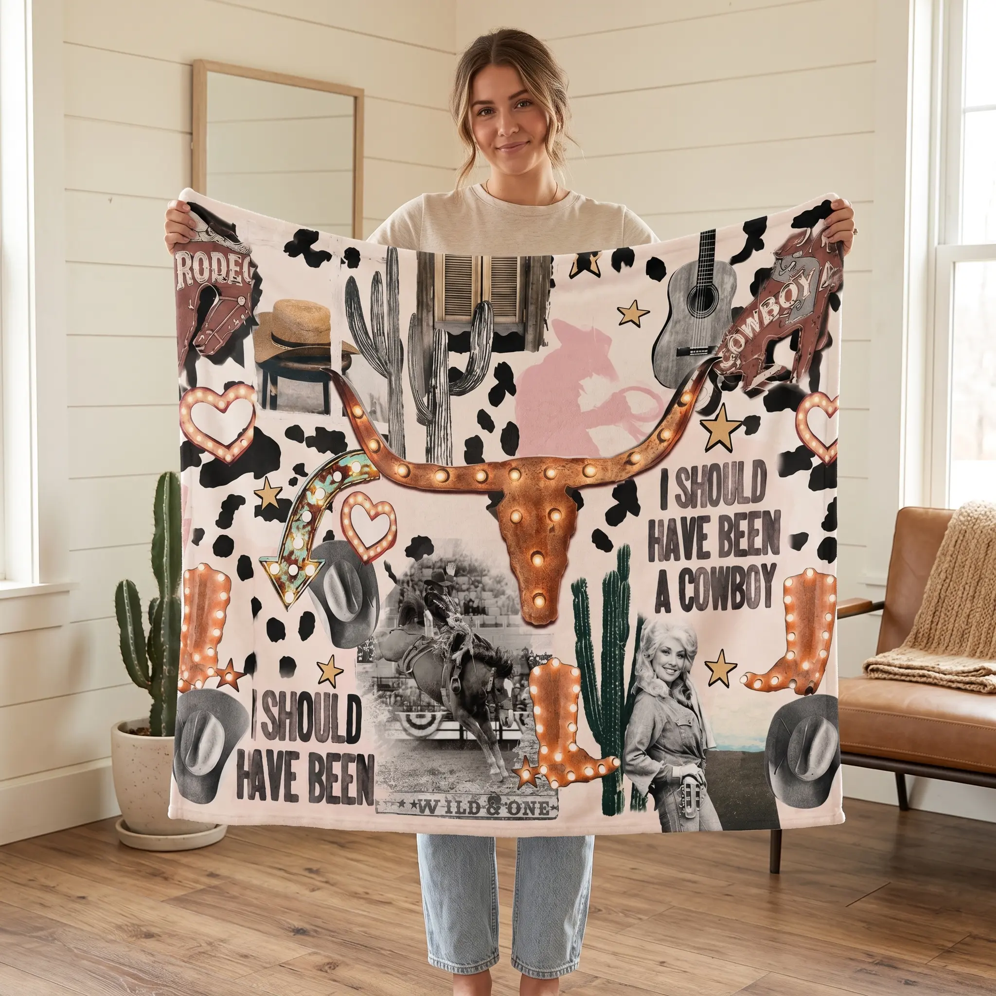 Vintage Western Cowboy Graphic Rectangular Flannel Throw Blanket - Plush Soft Fleece, Rustic Country Music Longhorn Cactus Rodeo Aesthetic, Home Decor for Bed/Sofa - Gifts for Western Fans - Sizes 30x40, 40x50, 50x60, 60x80 in