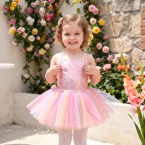 Girls’ ballet dress set: elegant sequin camisole top and rainbow mesh tulle puff skirt, dance performance outfit for children