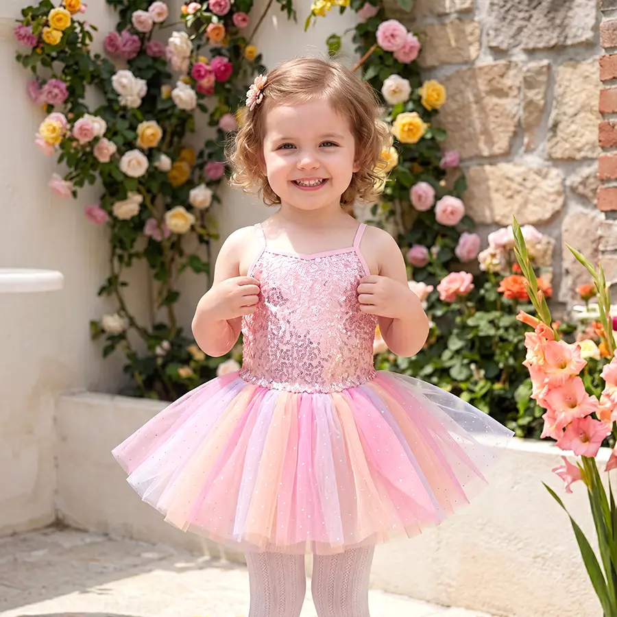 Girls' Color-block Sequin Ballet Dress Set, Camisole Top Leotard in a Polyester Blend, Slim-fitting Costume Outfit for Children with Different Body Types, Crew Neck