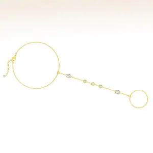 TEWIKY 14K Gold-Plated Solid Marquise Zircon Round Bezel Bracelet with Connecting Ring Elegant Design for Various Occasions