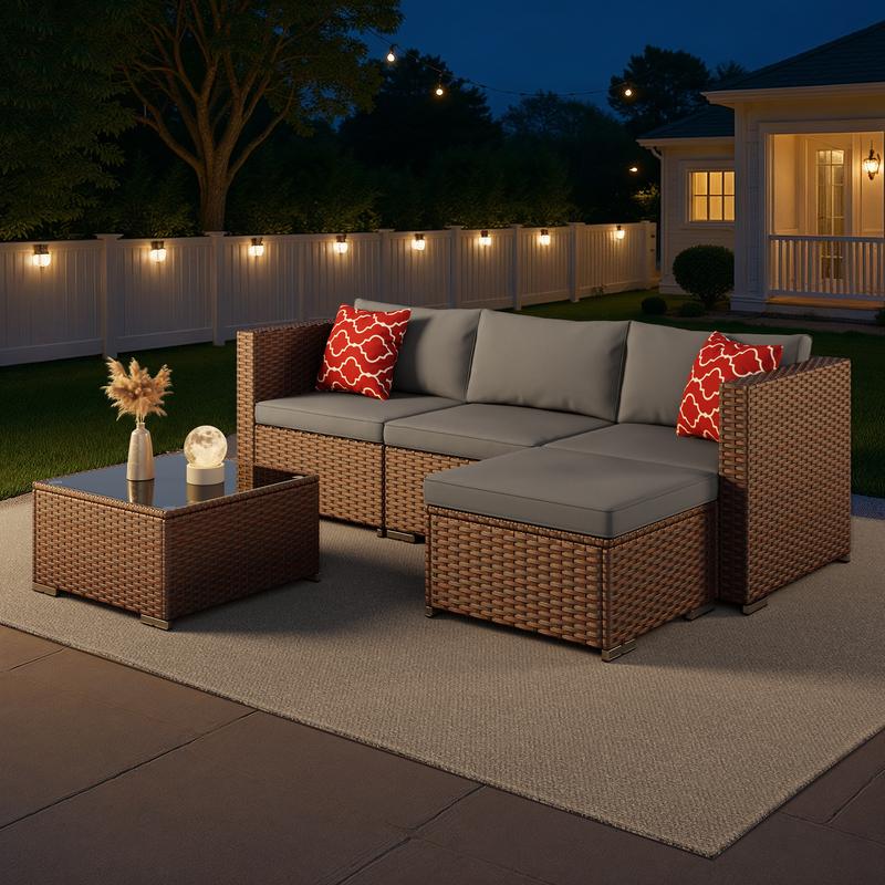 Gizoon 5 Pieces Patio Furniture Set All Weather Outdoor Wicker Sectional Patio Furniture with Cushion and Glass Table