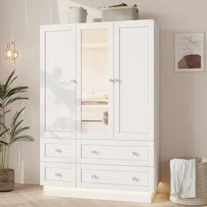【2 Packages Delivery】VOWNER Bedroom Wardrobe with 3 Doors and 4 Drawers, Mirror, RGB Lights, Hanging Rod, Bedroom, Living Roo
