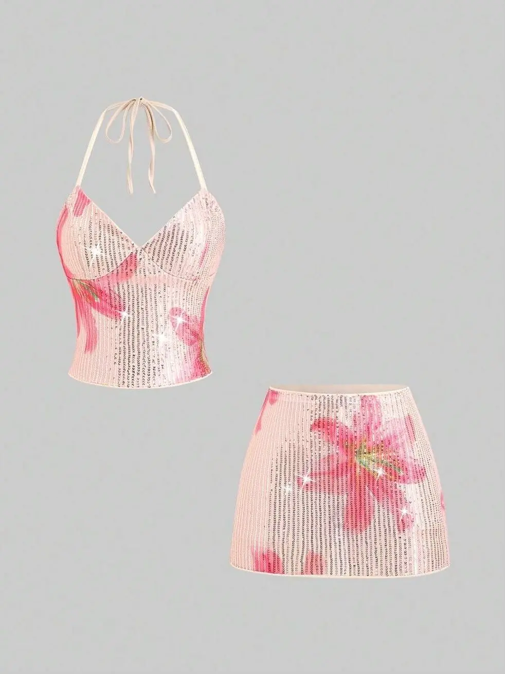 Floral Sequin Two Piece Set, Halter Crop Top and Mini Skirt, Sleeveless Party Outfit for Summer Vacation