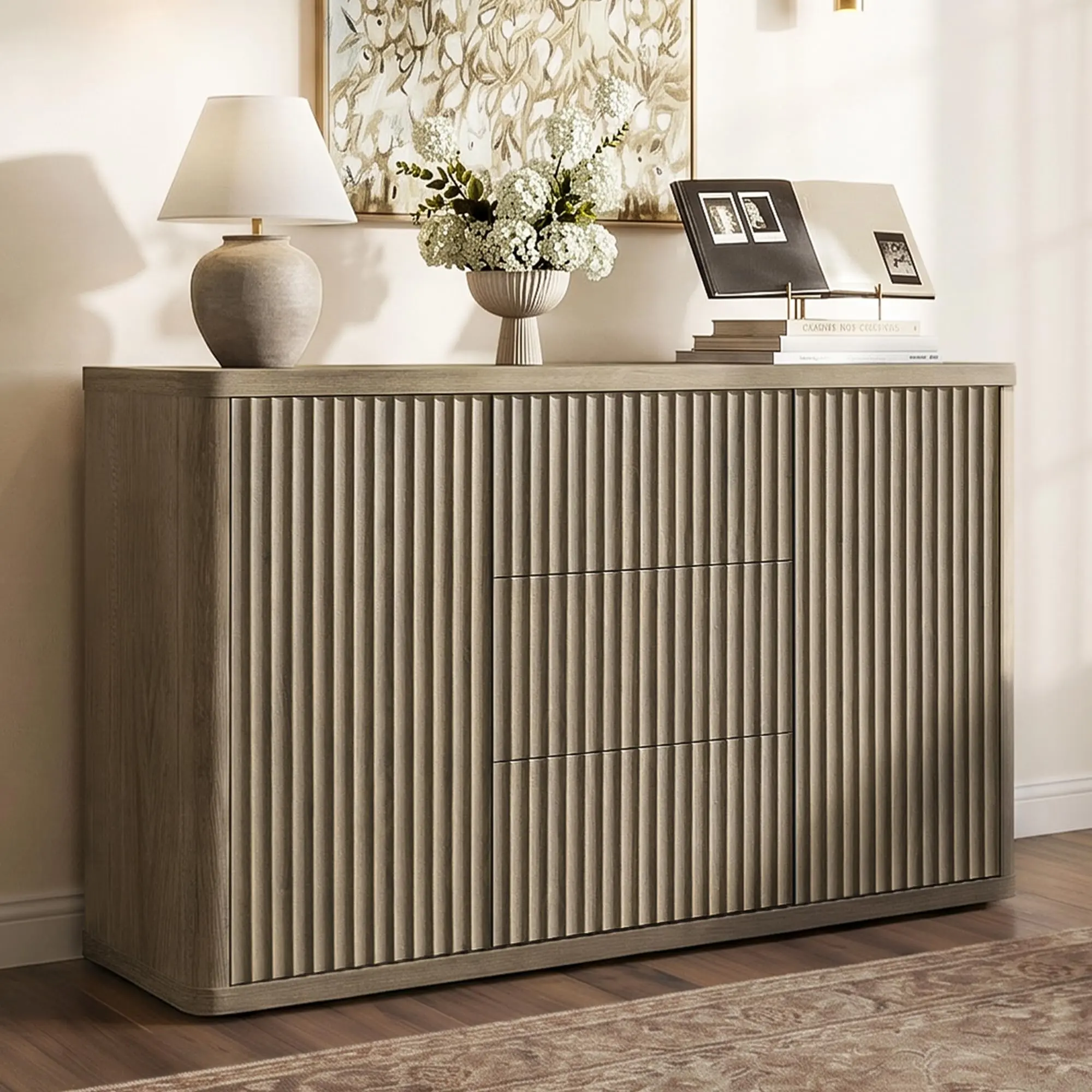 SICOTAS Buffet Cabinet with Storage 54.7" Large Modern Accent Storage Cabinet with Doors and Shelves Wooden Fluted Sideboard Credenza Buffet Table Coffee Bar for Living Room Kitchen Dining Room