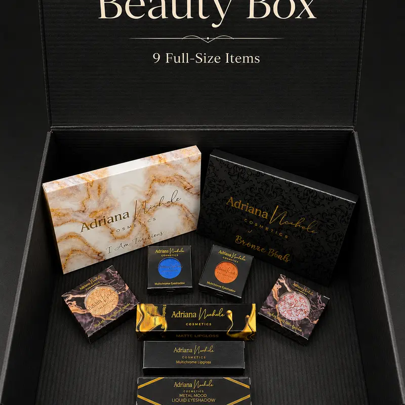 Makeup Beauty Box by Adriana Nichole Cosmetics, 9 Full Size Beauty Products with Eyeshadow, Blush & Lip Gloss