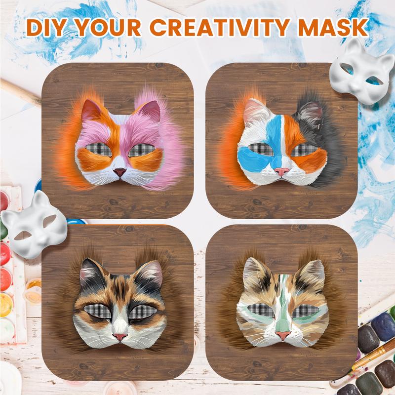 37Pcs Therian Mask DIY Set White Cat Mask Base with Faux Fur Eye Mesh Whiskers and Painting Tools for Costume Party Cosplay Halloween Costume fnaf  mask Felt Kit