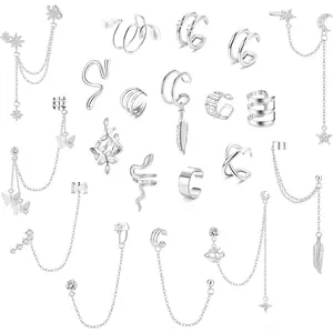 FUNRUN 20Pcs Ear Cuff Earrings for Women  Chain Earrings Adjustable Helix Cartilage Cuff Wrap Earrings Clip on Jewelry Set Ear Clip