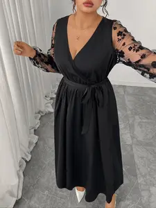 Plus Size Elegant Chic Long Sleeve Embroidered Dress, Spring & Fall Woven Fabric, Fitted Style, Perfect for Vacation, Work, Dates