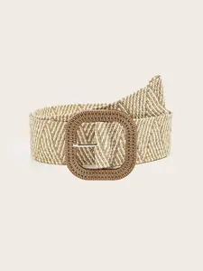 Bohemian Style Square Buckle Plaid PP Grass Woven Women's Belt, Elastic Waistband, Boho Belt for Dresses, Casual Wear, Summer