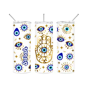 POSH SOIREE Stylish Hamsa Evil Eye 20 oz. Stainless Steel Tumbler with Straw and Lid - Personalized Custom Name Unique Gift for Good Luck and Positive Energy