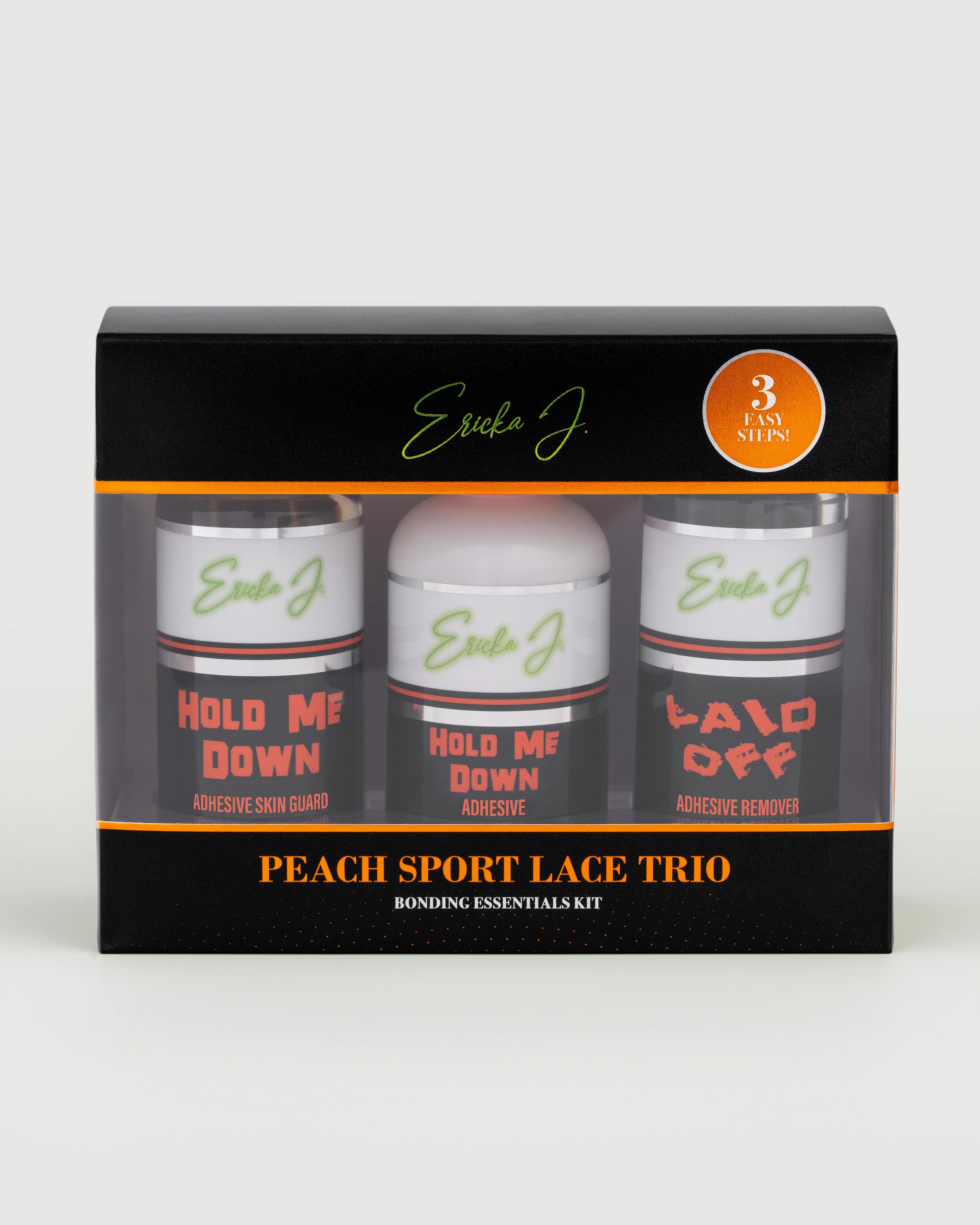 Ericka J Products, Peach Sport Lace Trio Kit, Skin Guard + Strong Hold Wig Adhesive + Gentle Adhesive Remover Set , Waterproof Sweat Resistant Lace System with Free Spatula, 3 Piece Kit, 2.1 fl oz / 60 g Each