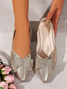 Women's Rhinestone Bow Pointed Flat Shoes, Sparkly Slip-On Formal Shoes, Comfortable Ballet Flats, Lightweight Casual Shoes for Weddings, Parties, Daily Wear
