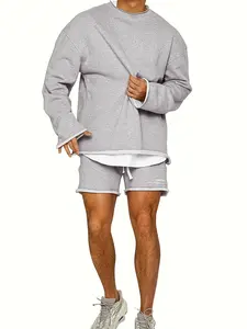 Men's Solid Long Sleeve Sweatshirt & Shorts Two-piece Set, Casual Regular Fit Pullover & Shorts for Spring & Fall, Men's Two-piece Outfits for Daily Wear