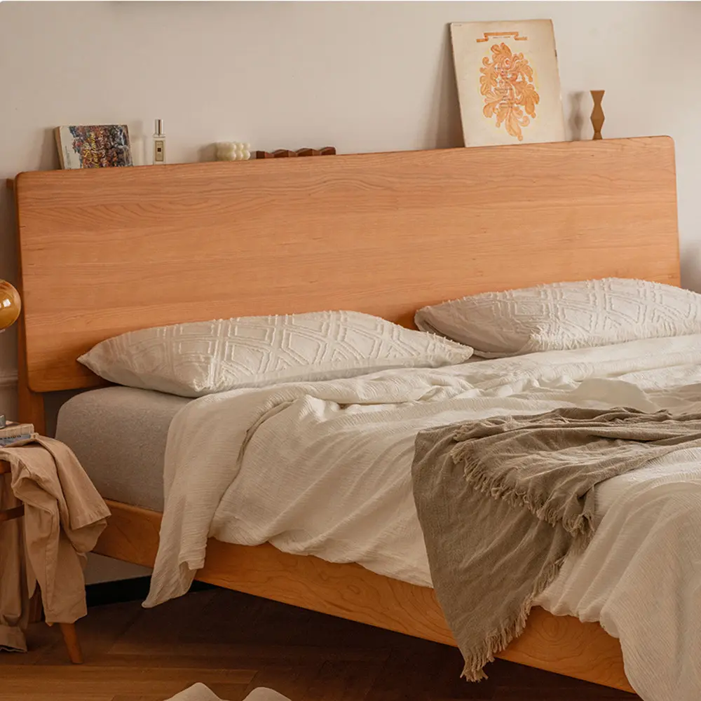 Japanese‑Style Natural Solid Wood Bed Frame, Minimalist Light‑Wood‑Tone Platform Bed With Wide Flat Headboard, Stable Slat Support Double Bed For Bedroom