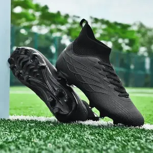 Men'S Professional Soccer Cleats, High-Top Breathable AG Spikes, Non-Slip TPU Sole, All-Season Outdoor Sports Football Boots, Classic Black Striped Preppy, Lace-Up Faux Upper, Fabric Inner & Insole, for Ballgame & Trainingoutdoor sport