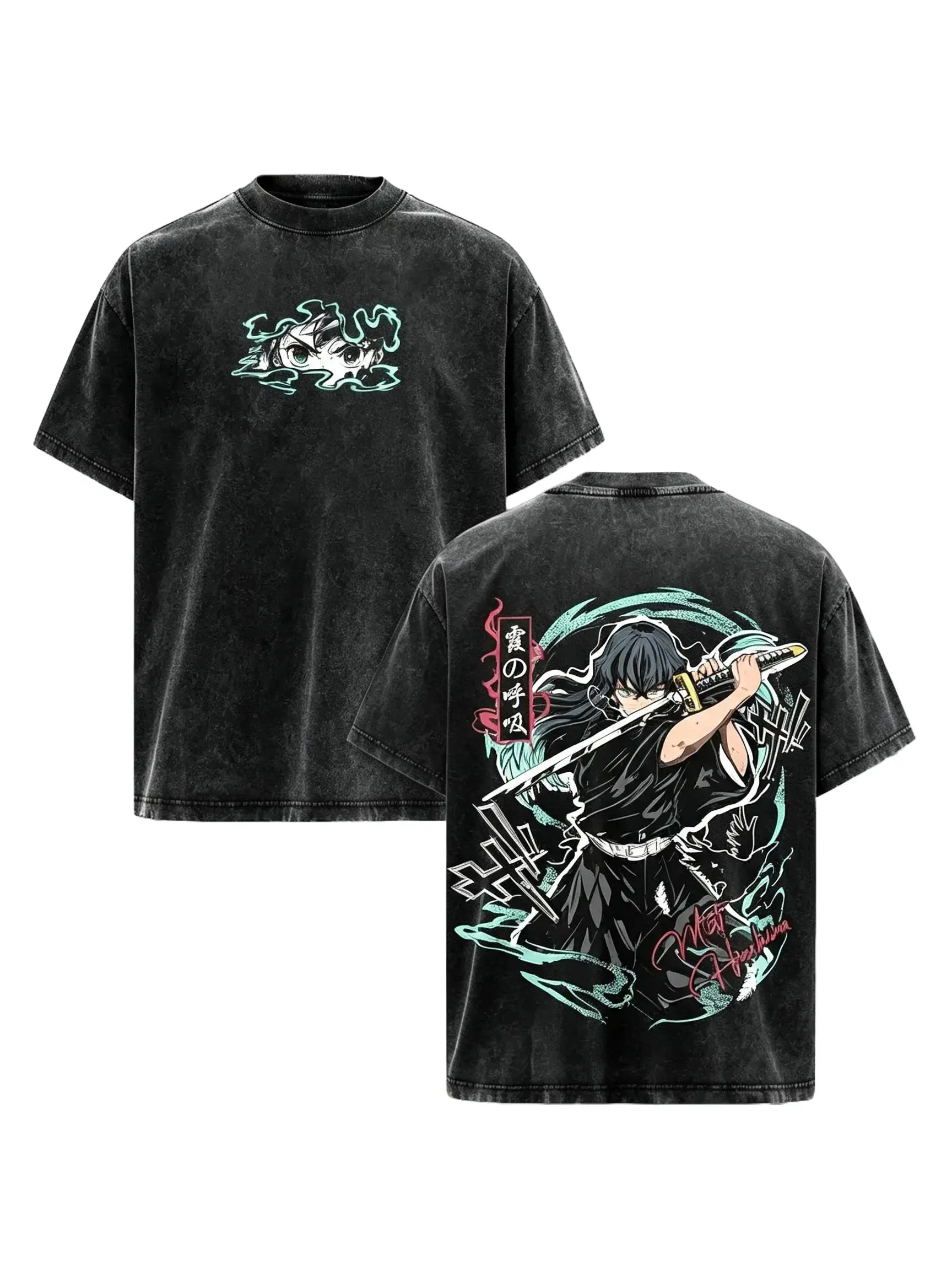 Demon Slayer Muichiro Tokito T Shirt  Vintage Washed Black Tee Anime Graphic Shirt Kasumi no Kokyu Mist Breathing Design Oversized Streetwear Y2K Fashion Acid Wash Cotton Short Sleeve Top Harajuku Style Unisex Anime Lover Gift