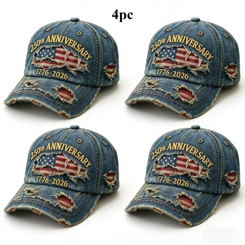 4 Pack 250th Anniversary Edition 1776-2026 Distressed Denim Baseball Caps American Flag Embroidery Ripped Vintage Dad Hats Patriotic USA Fashion Accessories for Men Women,summerwins