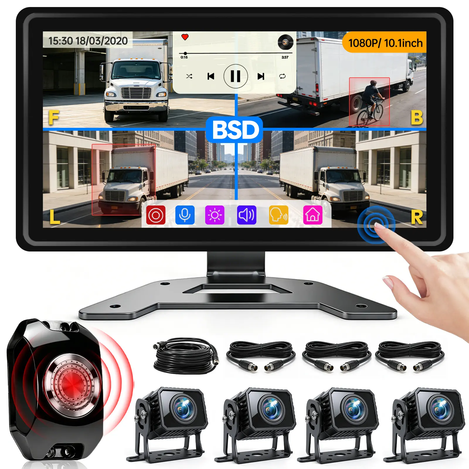 ConewVehicle Wired Backup Camera System 10.1" Quad Split Touchscreen Monitor 4 1080P Rear Side View AHD Cameras MP5 Player BSD System DVR Recorder IP69 Waterproof Night Vision for RV/Truck/Bus/Trailer/Camper/Van