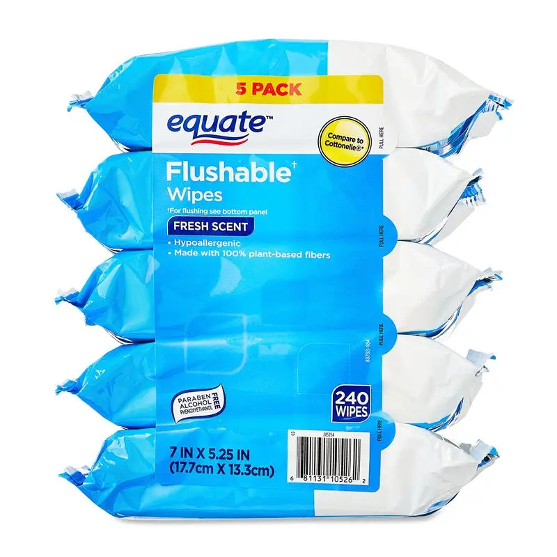 5 Pack Hypoallergenic Flushable Wet Wipes, Fresh Scent, 240 Wipes