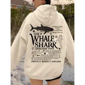 Whale Shark Graphic Print Hoodie | Khaki Oversized Style with Marine Biology Educational Pattern | European and American Ocean Conservation Street Style Outfit | Comfortable and Eye-Catching | A Must-Have for Nature Enthusiasts