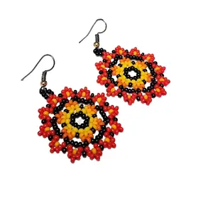 Beaded Red Flowered Earrings with Vibrant Colors and Intricate Design