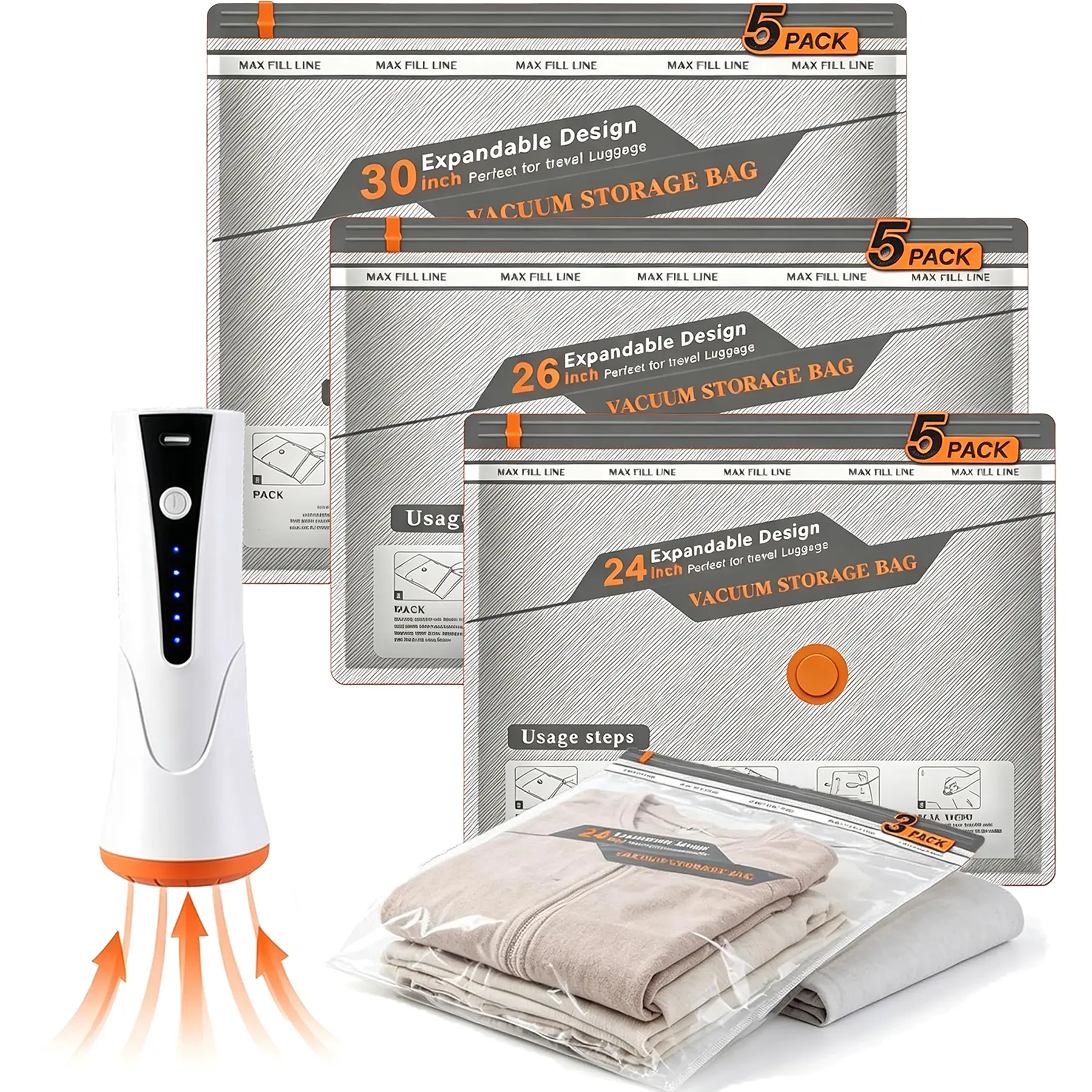Electric vacuum compression storage bag, equipped with a USB rechargeable electric pump, super compact and lightweight, saves space for clothes and travel essentials, outdoor packing system, portable organizer, travel essential, space-saving Airtight Comp