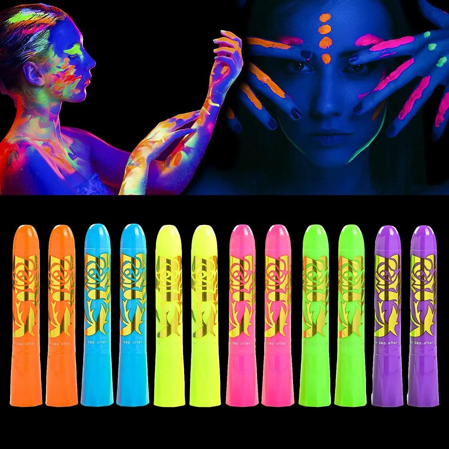UV Blacklight Face & Body Paint Sticks, 12 Pcs Neon Makeup Crayons, Fluorescent Glow Party Paint for Halloween Festival Stage Costume Makeup