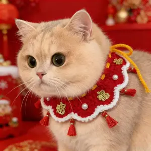 Kawaii CNY Pet Bandana with Pearl Tassel Handcrafted Lucky Charm Bow Tie Photo Prop Gift for Kittens Puppy Celebration Outfit