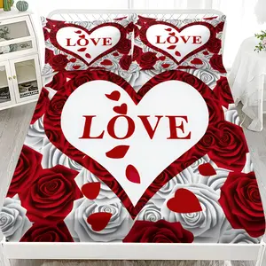 3 pieces of red roses with the word "LOVE" printed on them. This soft bedding set includes 1 sheet and 2 pillowcases (without filling material). It is suitable for a double bed and available in multiple sizes. It is very suitable for couples / newlyweds.