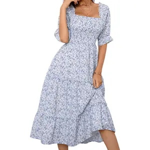 Women Summer Casual Floral Midi Dress Ruffle Square Neck Short Puff Sleeve Smocked Milkmaid Dress Flowy Cottagecore Dress