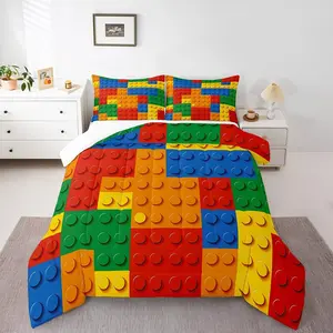 Feelyou Boys' Colorblock Patchwork Building Blocks Unique Bedding Sets - Soft Warm, Machine-Washable Quilt Set with Soft Comfy Blanket (Orange,Blue,Red,Yellow,Green) for Guest Room