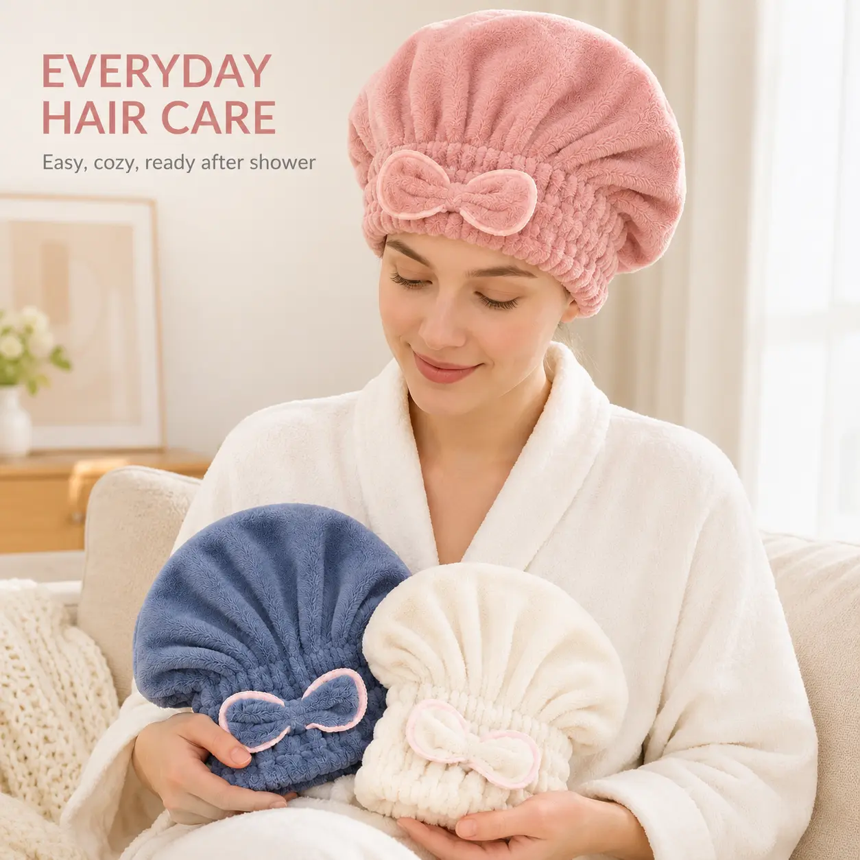 3 Pack Microfiber Hair Towel Wrap for Women, Soft Absorbent Quick Dry Hair Turban Caps with Elastic Fit, Lightweight Post-Shower Hair Drying Towels, Pink Cream Blue