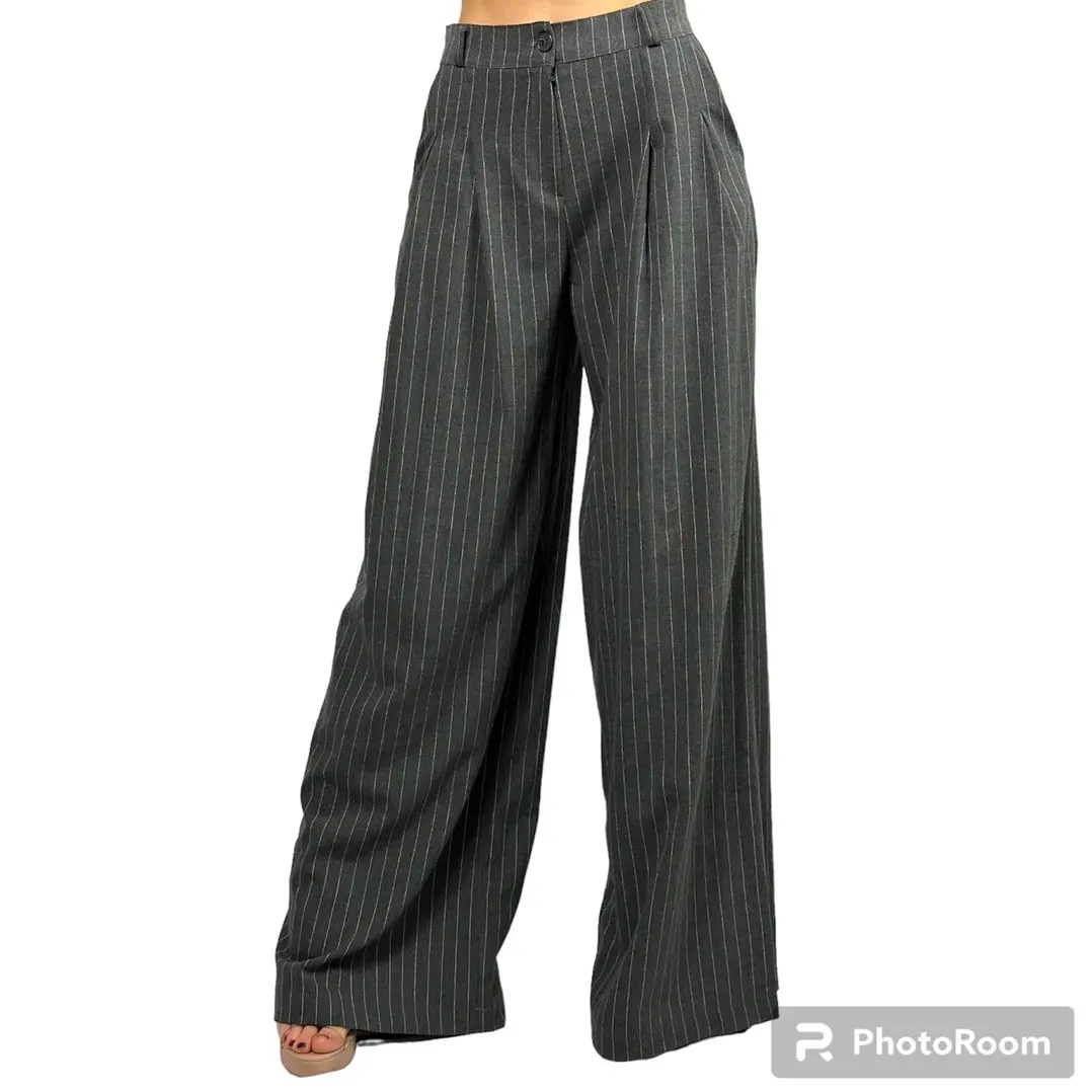 Wide Pants - Grey Pinstripe, Women’s Grey Trousers , Striped Pants.