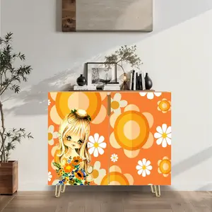 70s Flower Power Big Eyed Girl Retro Mod Orange Floral Wooden Storage Cabinet