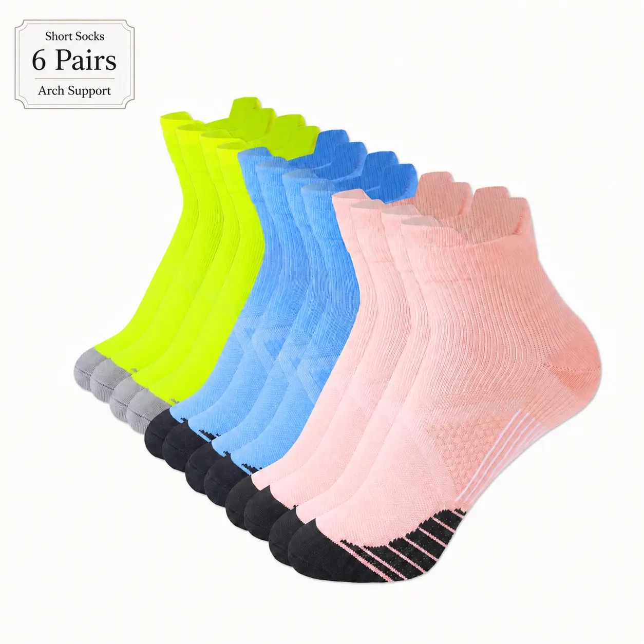 6 Pairs Ankle Compression Socks for Men & Women, Moisture-Wicking, Cushioned, Soft, Breathable, Arch Support, Athletic Support for Running, Walking, Sports & Daily Wear