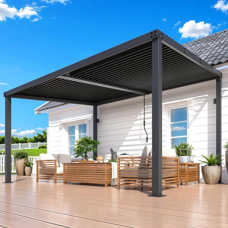 【3 package shipping】AECOJOY 13' x 10' Louvered Gazebo Pergola, 10x13 Outdoor Hardtop Wall-Mounted Lean to Gazebo with Adjustable Metal Rainproof Patio Roof, Pergolas and Gazebos Clearance, Heavy Duty Awnings for Patio