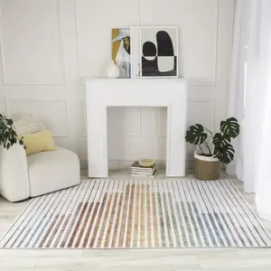 HomeRoots 570104 Strip Area Rug - 4 x 6 ft. Striped Rectangular Area Rug, Beige, Blue & Brown, Rectangular Area Rugs, Strip Area Rugs