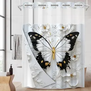 1PC 2D Flat White Butterfly Pattern Double-Layer Woven Shower Curtain (No Hooks), Transparent Top Window, Removable liner with snap-on lining, Bathroom Partition Art Decoration, Bathroom Decoration Accessories