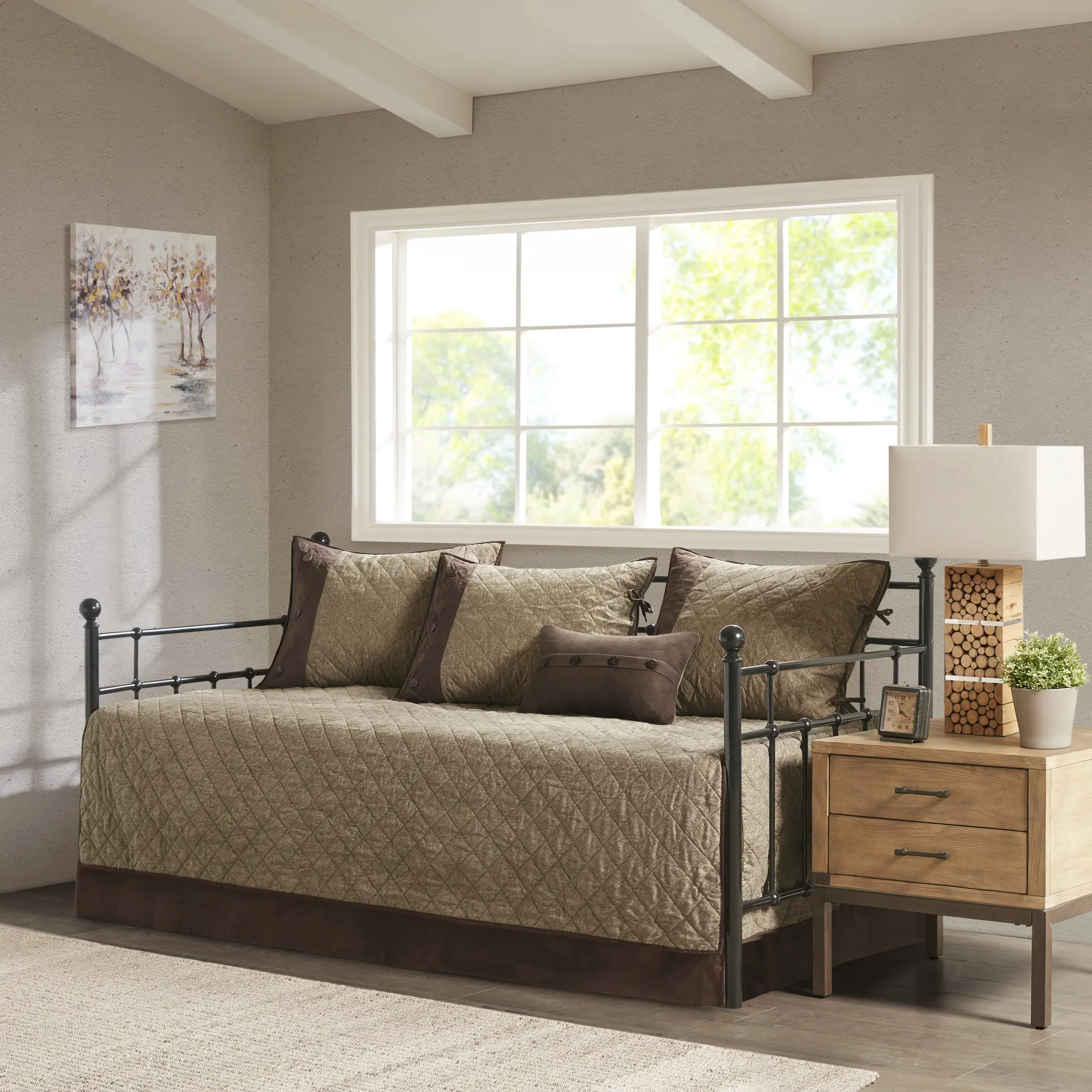 Twin Size Daybed Cover Set, 6-Piece Reversible Brown Fabric with Bolster Cases, Soft Zipper Closure Bedding for Guest Room and Living Room Couch