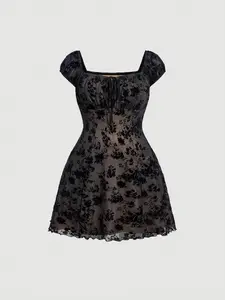 MOD Plus Size Retro Black Velvet & Mesh Spaghetti Strap Dress – Pleated Bust, Bow Tie Ribbon Detail, A-Line Silhouette for Summer Glam