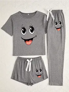 Cute Smiley Face Three-Piece Set, Cartoon Pattern, Loose-Fitting Casual Home Wear, All-Seasons Comfortable