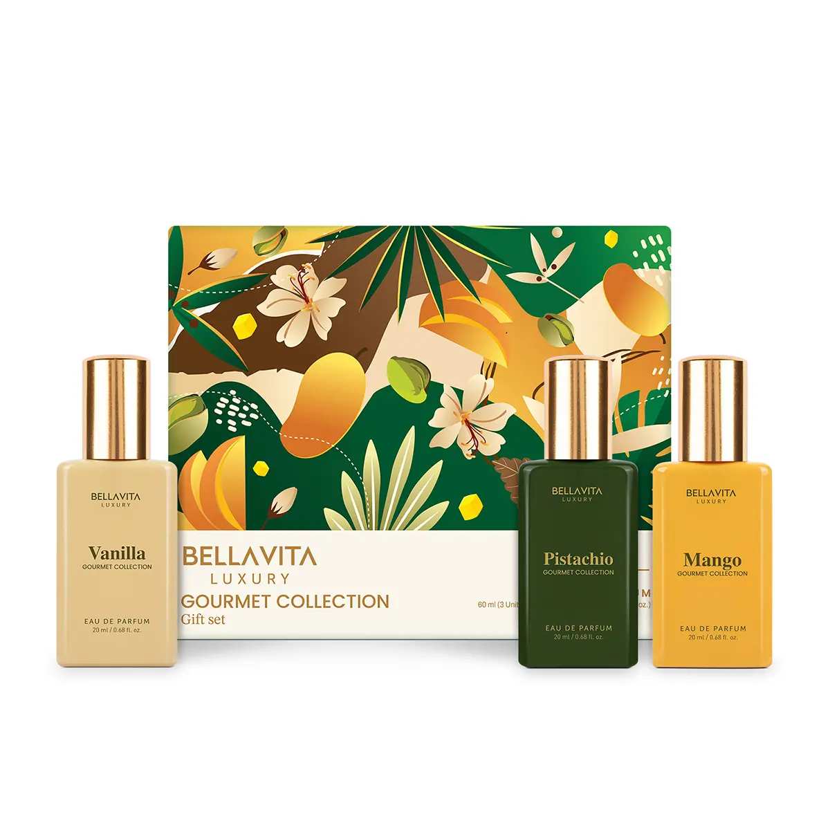 BELLAVITA Gourmand Collection Gift Set 3x20ml | Long Lasting Unisex Perfumes | Vanilla, Mango & Pistachio Eau de Parfum