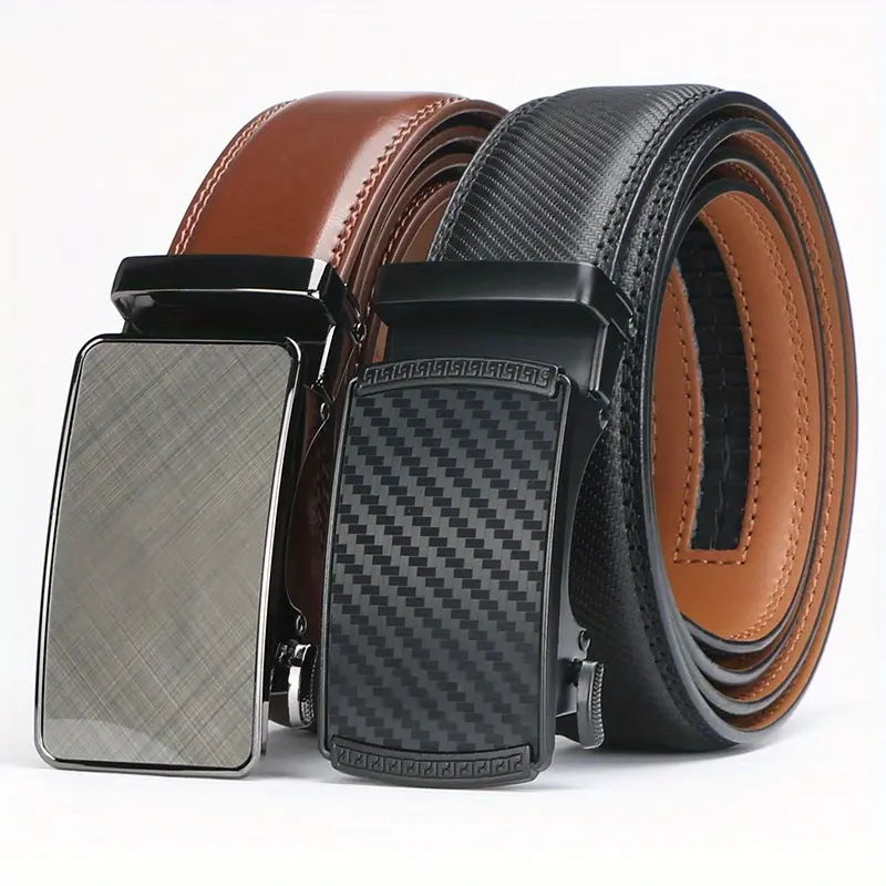 Fodmua 2 Pack Men's Leather Ratchet Belt Adjustable Automatic Alloy Buckle Simple Style Trendy Exquisite Belt for Leisure Business Work Formal Occasions