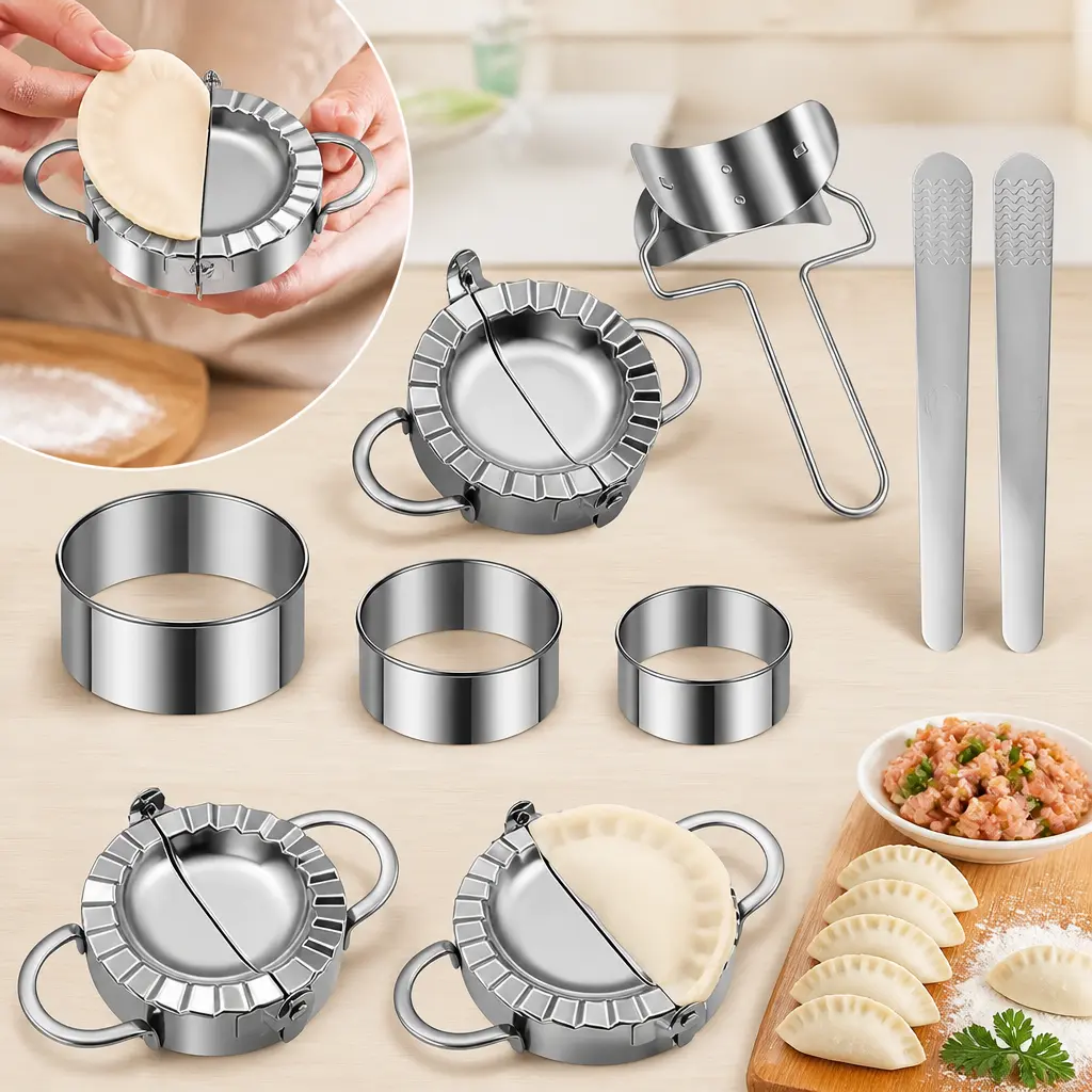 Food-Grade Stainless Steel Round Circular Dumpling Maker Press Set - 8 Pcs Dumpling Mold, 3 Sizes (2.95in/3.34in Diameter, 6.29in Length) Wavy Edge Cutter, Home Kitchen Utensil for Dumplings, Empanadas