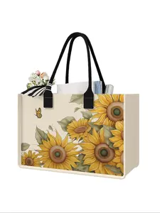 Sunflower Pattern Large Capacity Storage Bag, Durable Handles, Space-Saving Multi-Purpose Organizer for School Travel Shopping, Reusable Shopping Bags, Reusable Bag