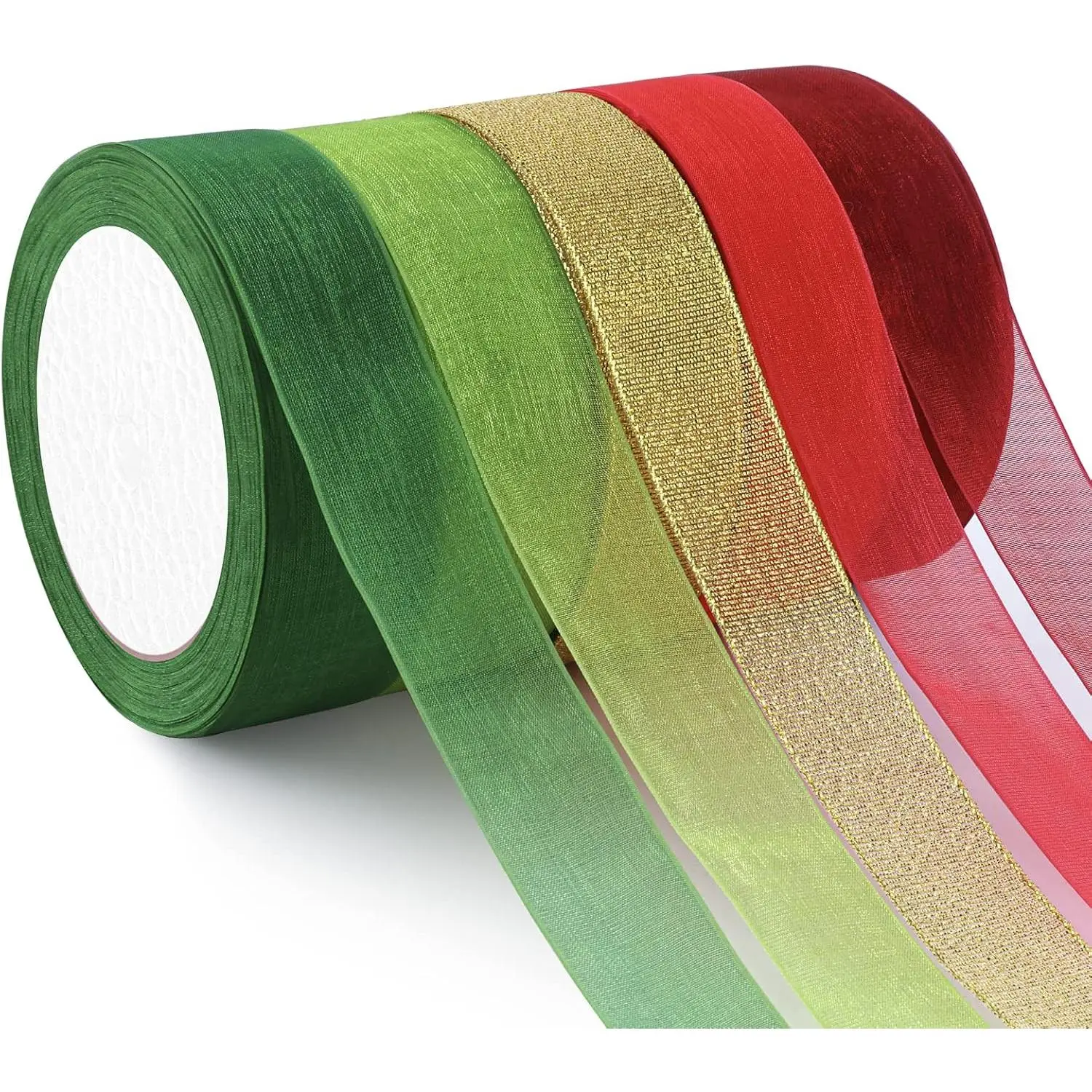 Organza Ribbon - 5 Rolls, 1" x 25 Yd Each, Sheer Chiffon for  Wrapping, Bouquet, Wedding, Party Decoration (Christmas Series)