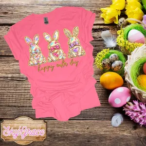 SkyGrace Happy Easter Day T-Shirt with Sparkling Bunny Design for Festive Celebrations